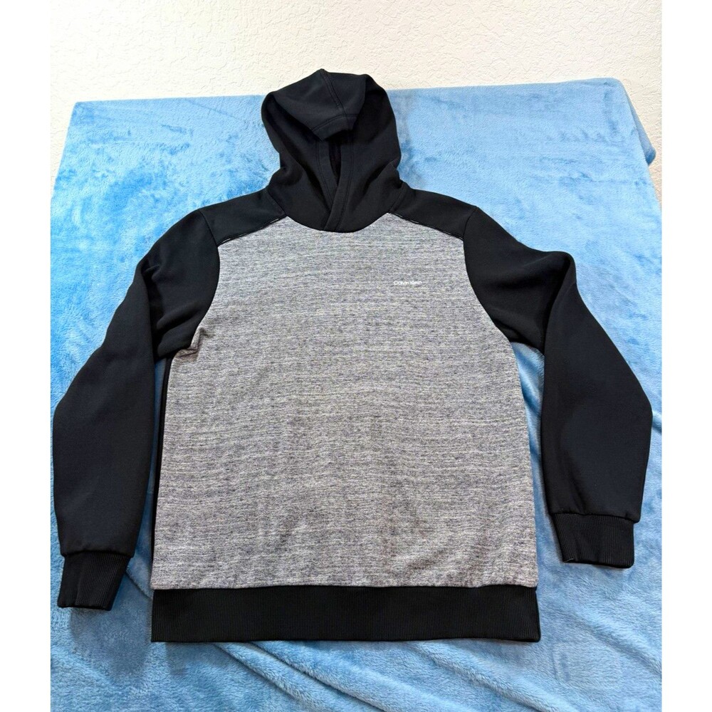 Calvin Klein Men Hoodie Size M Colorblock Black Grey Pullover Fleeced Sweatshirt